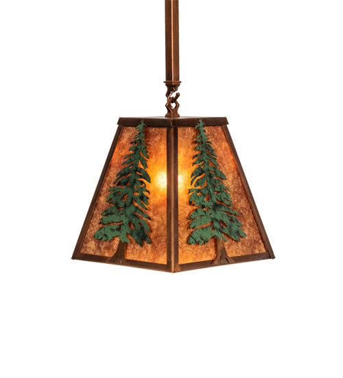Meyda Lighting Tall Pines 14" Vintage Copper & Green Pendant Light With Amber Mica Shade Glass