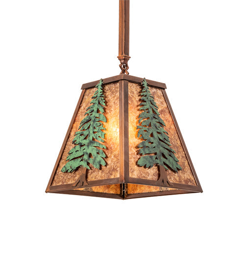 Meyda Lighting Tall Pines 14" Vintage Copper & Green Pendant Light With Amber Mica Shade Glass