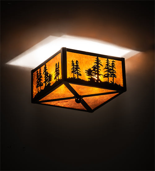 Meyda Lighting Tall Pines 15" 2-Light Black Satin Wrought Iron Flush Mount Light With Amber Mica Shade Glass