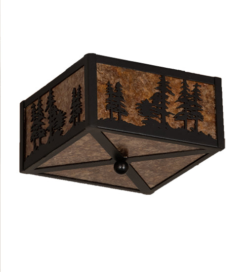 Meyda Lighting Tall Pines 15" 2-Light Black Satin Wrought Iron Flush Mount Light With Amber Mica Shade Glass