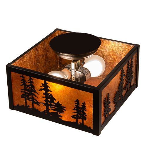 Meyda Lighting Tall Pines 15" 2-Light Black Satin Wrought Iron Flush Mount Light With Amber Mica Shade Glass