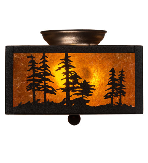 Meyda Lighting Tall Pines 15" 2-Light Black Satin Wrought Iron Flush Mount Light With Amber Mica Shade Glass