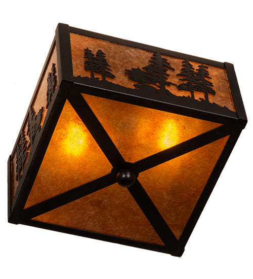 Meyda Lighting Tall Pines 15" 2-Light Black Satin Wrought Iron Flush Mount Light With Amber Mica Shade Glass