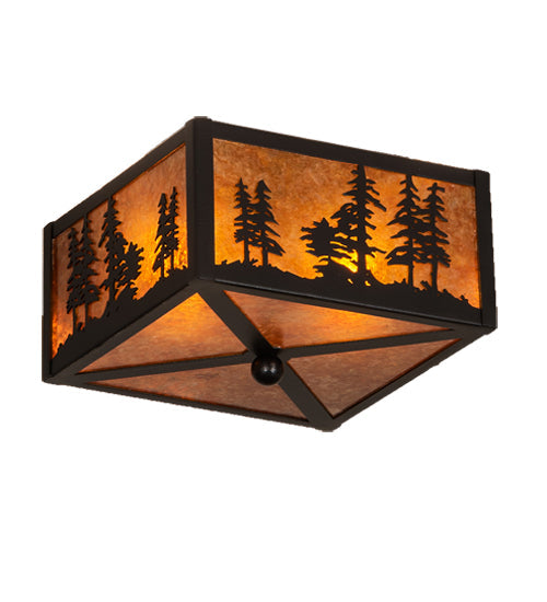 Meyda Lighting Tall Pines 15" 2-Light Black Satin Wrought Iron Flush Mount Light With Amber Mica Shade Glass