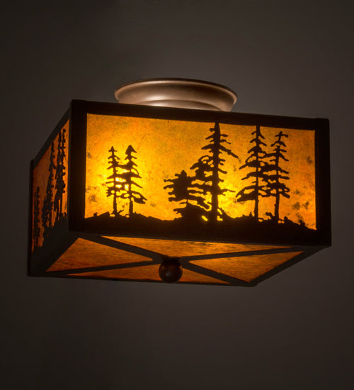 Meyda Lighting Tall Pines 15" 2-Light Cafe Noir Flush Mount Light With Amber Mica Shade Glass