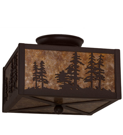 Meyda Lighting Tall Pines 15" 2-Light Cafe Noir Flush Mount Light With Amber Mica Shade Glass