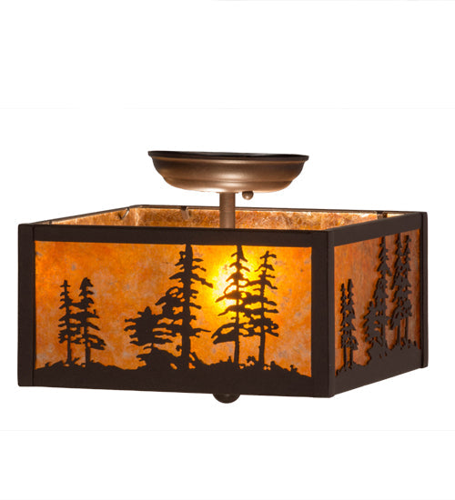 Meyda Lighting Tall Pines 15" 2-Light Cafe Noir Flush Mount Light With Amber Mica Shade Glass