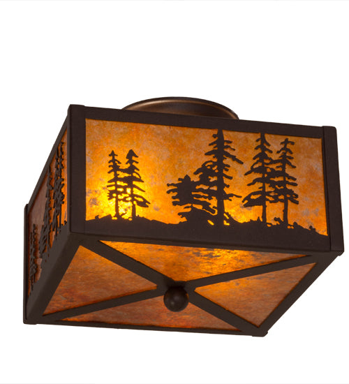 Meyda Lighting Tall Pines 15" 2-Light Cafe Noir Flush Mount Light With Amber Mica Shade Glass