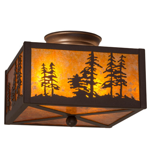 Meyda Lighting Tall Pines 15" 2-Light Cafe Noir Flush Mount Light With Amber Mica Shade Glass