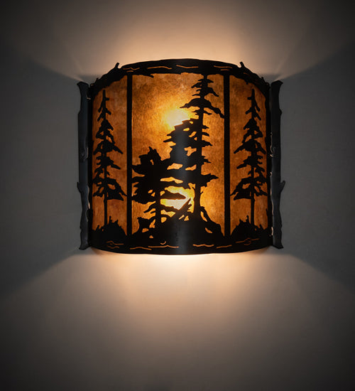 Meyda Lighting Tall Pines 15" 2-Light Dark Burnished Antique Copper Wall Sconce With Amber Mica Shade Glass