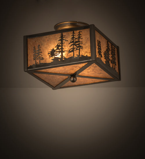 Meyda Lighting Tall Pines 15" 2-Light Industrial Steel Flush Mount Light With Silver Mica Shade Glass