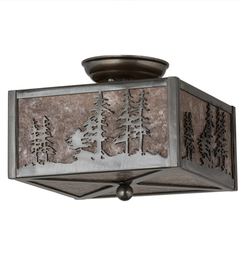 Meyda Lighting Tall Pines 15" 2-Light Industrial Steel Flush Mount Light With Silver Mica Shade Glass