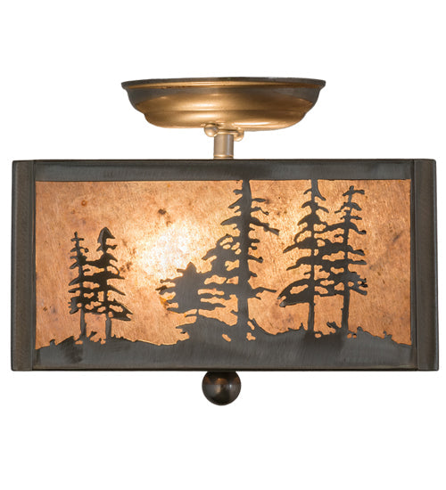 Meyda Lighting Tall Pines 15" 2-Light Industrial Steel Flush Mount Light With Silver Mica Shade Glass