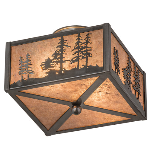 Meyda Lighting Tall Pines 15" 2-Light Industrial Steel Flush Mount Light With Silver Mica Shade Glass
