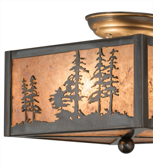 Meyda Lighting Tall Pines 15" 2-Light Industrial Steel Flush Mount Light With Silver Mica Shade Glass