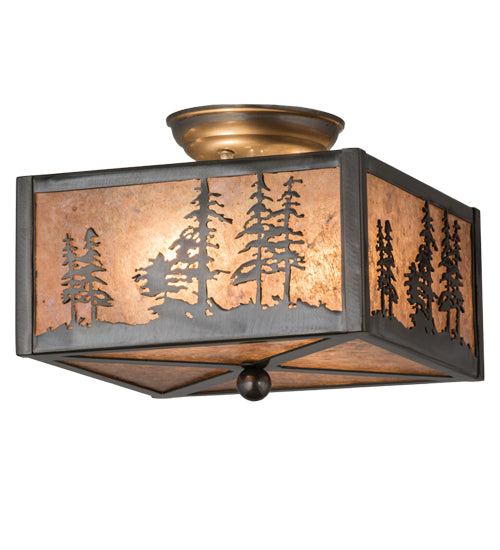 Meyda Lighting Tall Pines 15" 2-Light Industrial Steel Flush Mount Light With Silver Mica Shade Glass