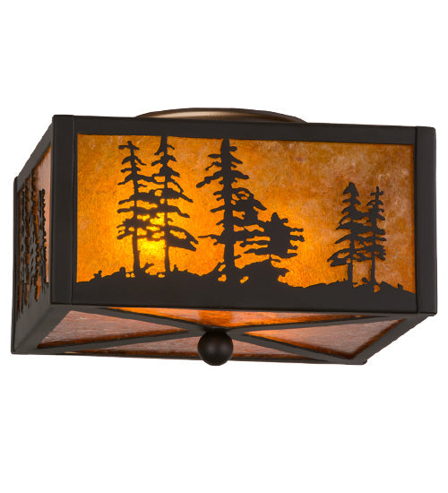 Meyda Lighting Tall Pines 15" 2-Light Oil Rubbed Bronze Flush Mount Light With Amber Mica Shade Glass