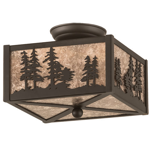 Meyda Lighting Tall Pines 15" 2-Light Oil Rubbed Bronze Flush Mount Light With Silver Mica Shade Glass