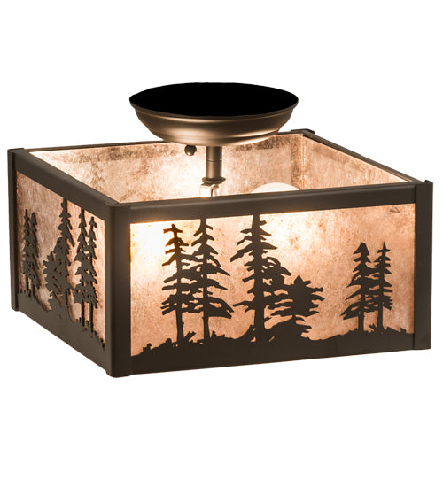 Meyda Lighting Tall Pines 15" 2-Light Oil Rubbed Bronze Flush Mount Light With Silver Mica Shade Glass