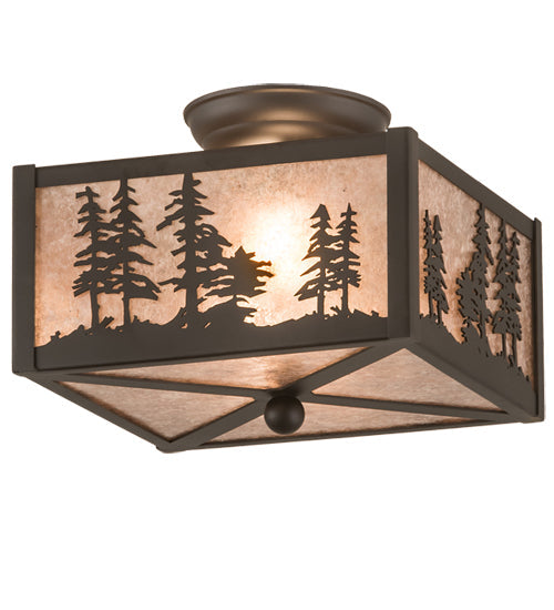 Meyda Lighting Tall Pines 15" 2-Light Oil Rubbed Bronze Flush Mount Light With Silver Mica Shade Glass