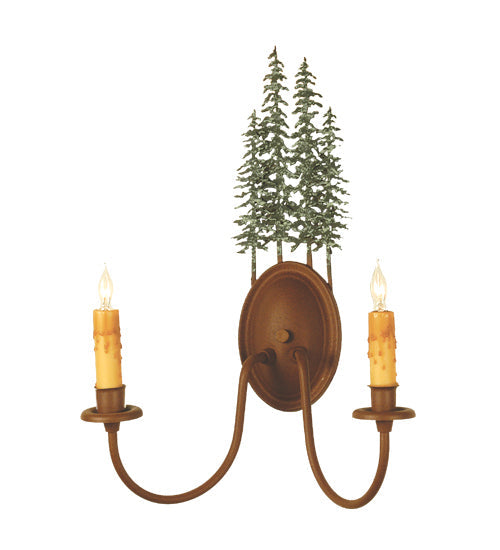 Meyda Lighting Tall Pines 15" 2-Light Rust & Green Trees Wall Sconce With Amber Faux Candlelight