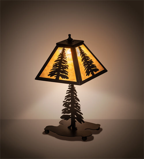 Meyda Lighting Tall Pines 15" Textured Black Mini Table Lamp With Honey Art Shade Glass