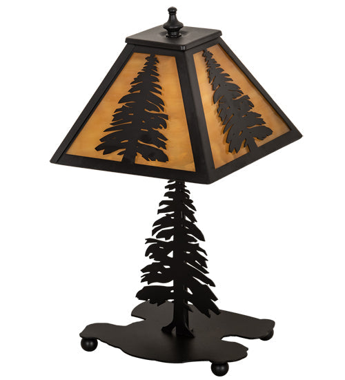 Meyda Lighting Tall Pines 15" Textured Black Mini Table Lamp With Honey Art Shade Glass