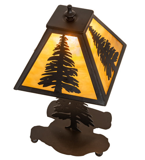 Meyda Lighting Tall Pines 15" Textured Black Mini Table Lamp With Honey Art Shade Glass