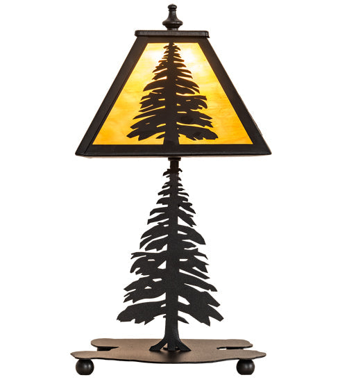Meyda Lighting Tall Pines 15" Textured Black Mini Table Lamp With Honey Art Shade Glass