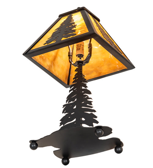 Meyda Lighting Tall Pines 15" Textured Black Mini Table Lamp With Honey Art Shade Glass