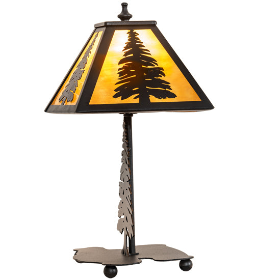 Meyda Lighting Tall Pines 15" Textured Black Mini Table Lamp With Honey Art Shade Glass
