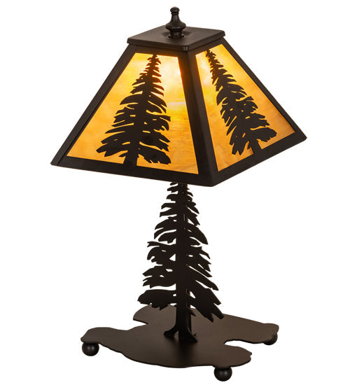 Meyda Lighting Tall Pines 15" Textured Black Mini Table Lamp With Honey Art Shade Glass