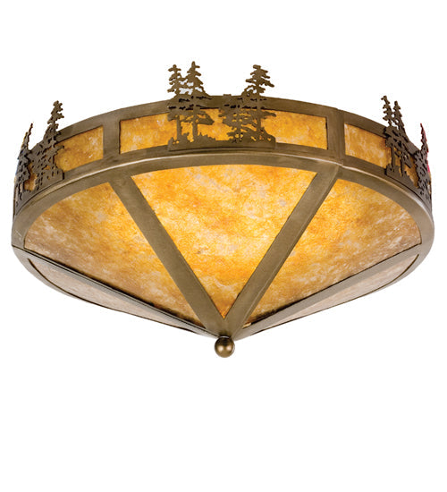 Meyda Lighting Tall Pines 16" 2-Light Antique Copper Flush Mount Light With Amber Mica Shade Glass