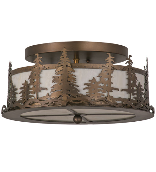 Meyda Lighting Tall Pines 16" 2-Light Antique Copper Flush Mount Light With Creme Carrare Acrylic Shade