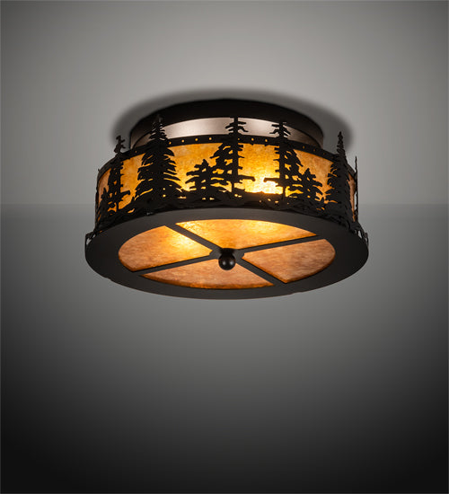 Meyda Lighting Tall Pines 16" 2-Light Black Satin Wrought Iron Flush Mount Light With Amber Mica Shade Glass