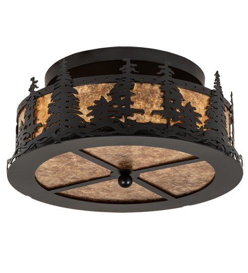 Meyda Lighting Tall Pines 16" 2-Light Black Satin Wrought Iron Flush Mount Light With Amber Mica Shade Glass