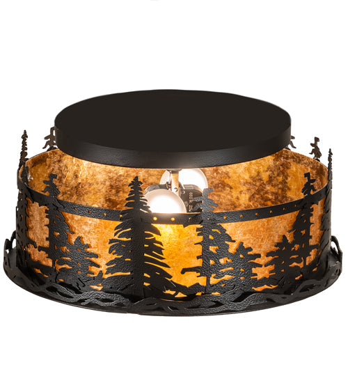Meyda Lighting Tall Pines 16" 2-Light Black Satin Wrought Iron Flush Mount Light With Amber Mica Shade Glass