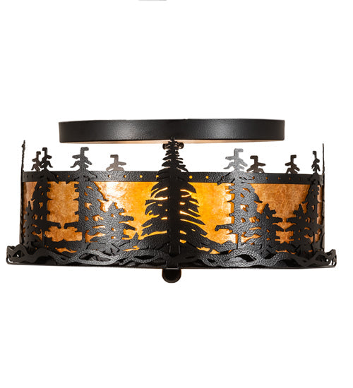 Meyda Lighting Tall Pines 16" 2-Light Black Satin Wrought Iron Flush Mount Light With Amber Mica Shade Glass