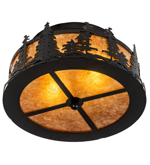 Meyda Lighting Tall Pines 16" 2-Light Black Satin Wrought Iron Flush Mount Light With Amber Mica Shade Glass