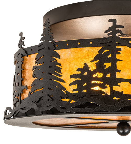Meyda Lighting Tall Pines 16" 2-Light Black Satin Wrought Iron Flush Mount Light With Amber Mica Shade Glass