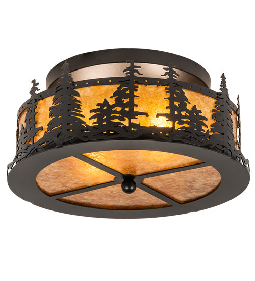 Meyda Lighting Tall Pines 16" 2-Light Black Satin Wrought Iron Flush Mount Light With Amber Mica Shade Glass