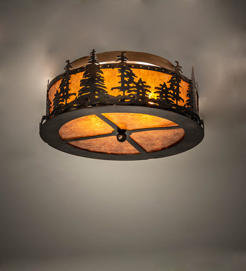 Meyda Lighting Tall Pines 16" 2-Light Burnished Antique Copper Flush Mount Light With Amber Mica Shade Glass