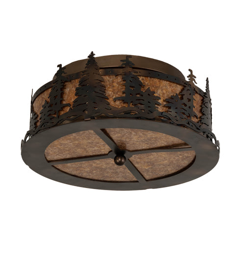 Meyda Lighting Tall Pines 16" 2-Light Burnished Antique Copper Flush Mount Light With Amber Mica Shade Glass