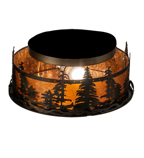 Meyda Lighting Tall Pines 16" 2-Light Burnished Antique Copper Flush Mount Light With Amber Mica Shade Glass