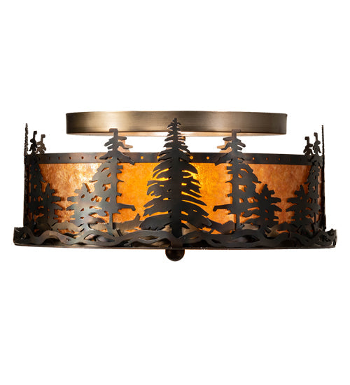 Meyda Lighting Tall Pines 16" 2-Light Burnished Antique Copper Flush Mount Light With Amber Mica Shade Glass