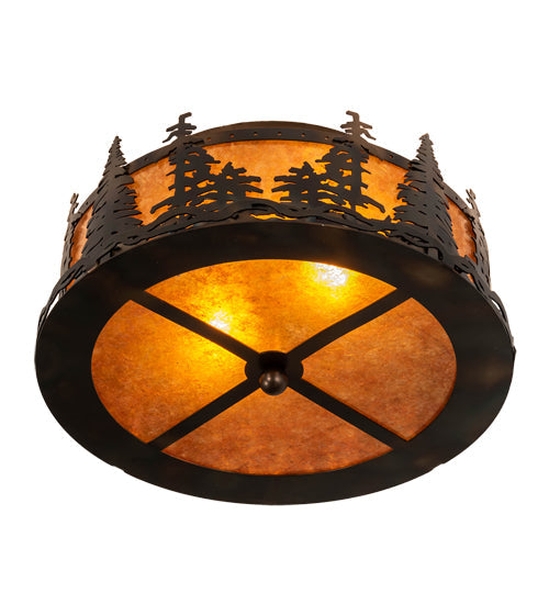 Meyda Lighting Tall Pines 16" 2-Light Burnished Antique Copper Flush Mount Light With Amber Mica Shade Glass