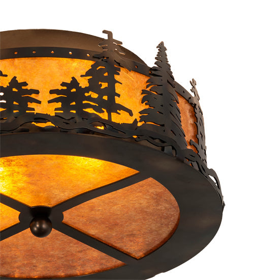 Meyda Lighting Tall Pines 16" 2-Light Burnished Antique Copper Flush Mount Light With Amber Mica Shade Glass
