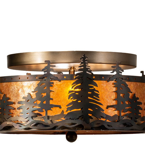 Meyda Lighting Tall Pines 16" 2-Light Burnished Antique Copper Flush Mount Light With Amber Mica Shade Glass