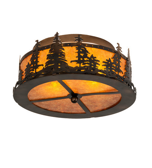 Meyda Lighting Tall Pines 16" 2-Light Burnished Antique Copper Flush Mount Light With Amber Mica Shade Glass