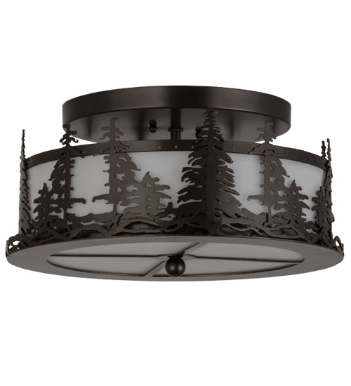 Meyda Lighting Tall Pines 16" 2-Light Exterior Oil Rubbed Bronze Flush Mount Light With White Statuario Acrylic Shade Glass